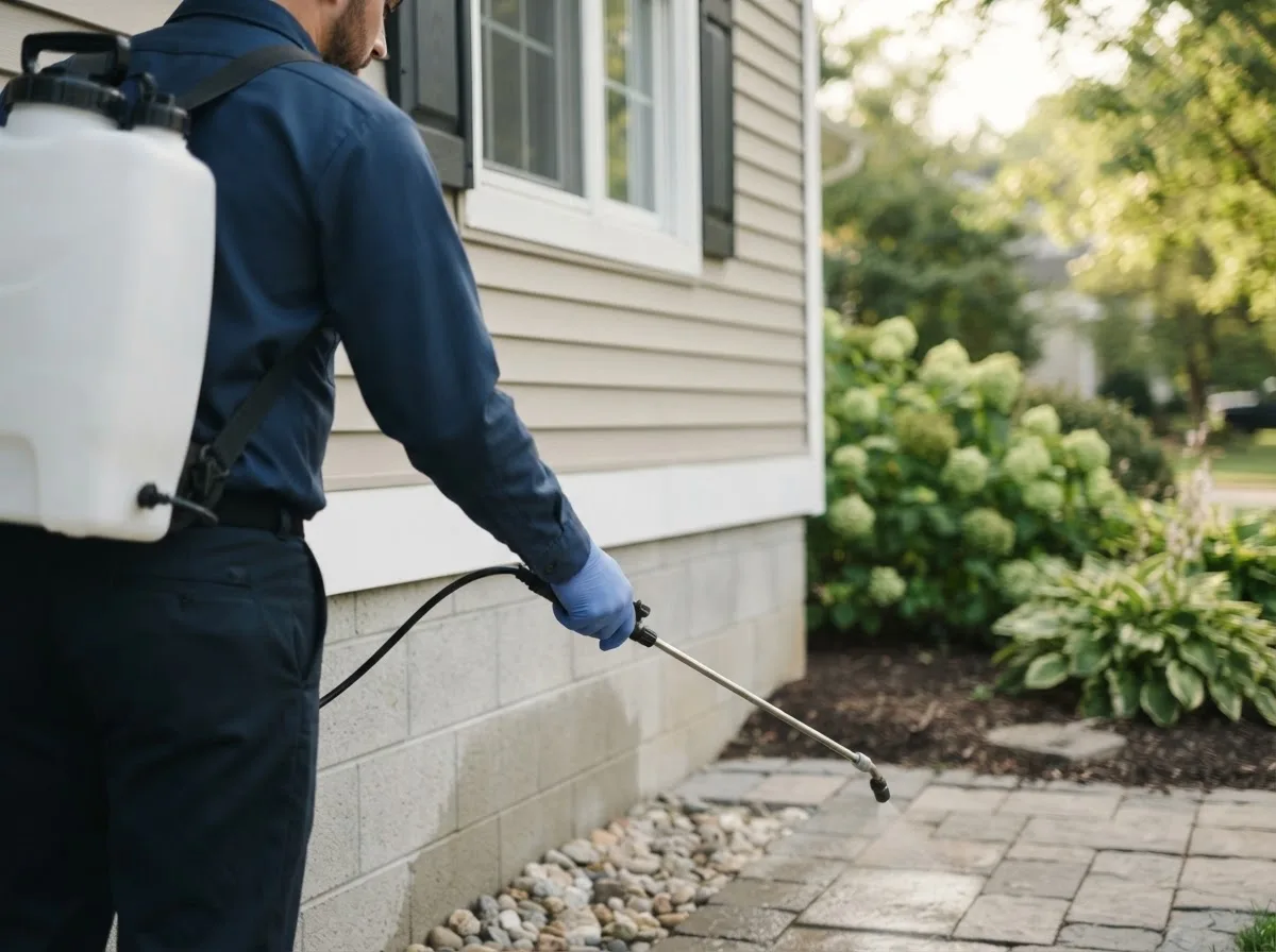 Pest control technician inspecting a home in Clinton, MA